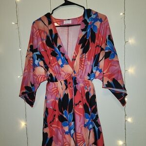 Pink Lily Coral Pink Blue Floral Dress